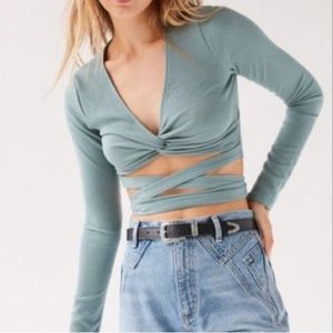 Urban Outfitters Ribbed Wrap Crop Top Seafoam Blue/Green
